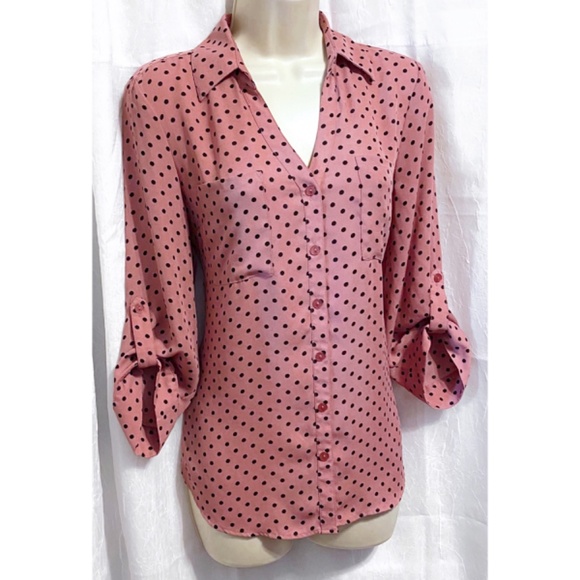 IZ BYER Dusty Rose  Black Polka Dot Button Down Blouse sz: M - Picture 2 of 6